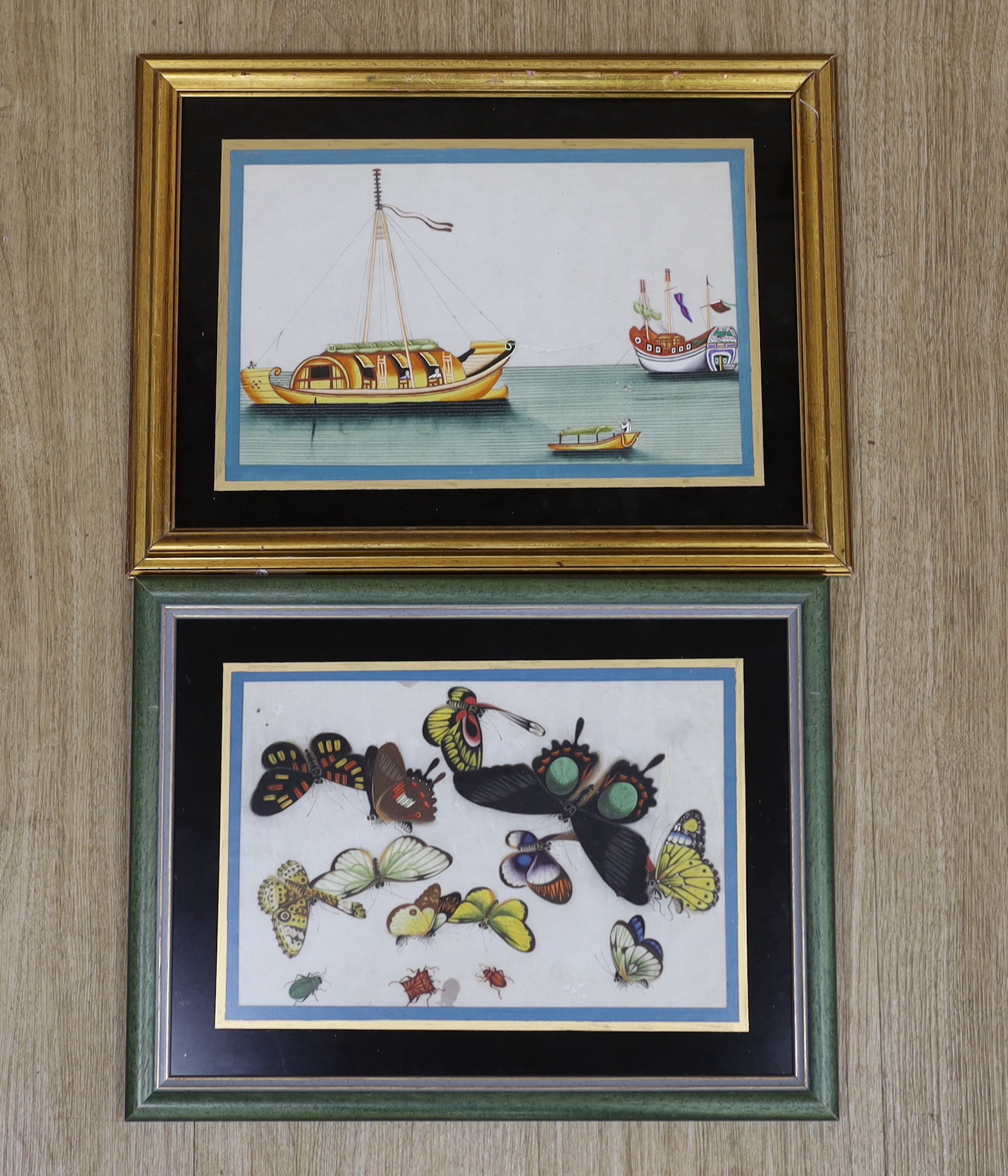 Two Chinese pith paper paintings, butterflies and junks, 17 x 25cm